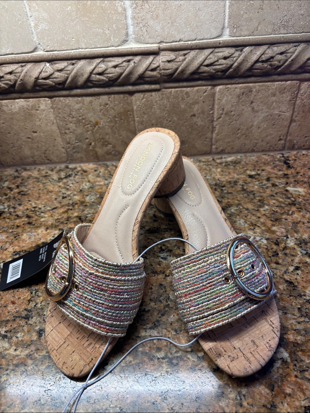 London Fog Collection Multicolor Woven Cork Buckle Block Heel Mules Size 6 NWT